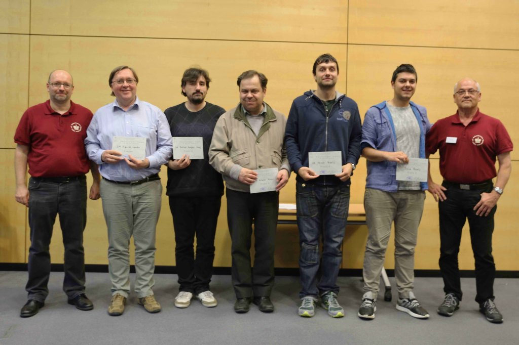 Sieger 21.Reutlinger Open (von links): GM Sigurds Lanka, IM Hadjesi Balind Nadj, GM Nikolai Ninov, IM Novak Pezelj, Sinisa Pezelj